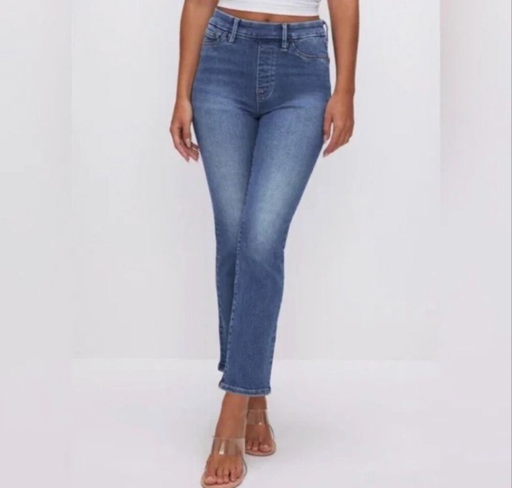 Good American High Rise Power Stretch Pull On Straight Leg Jeans Indigo GA Sz4 X